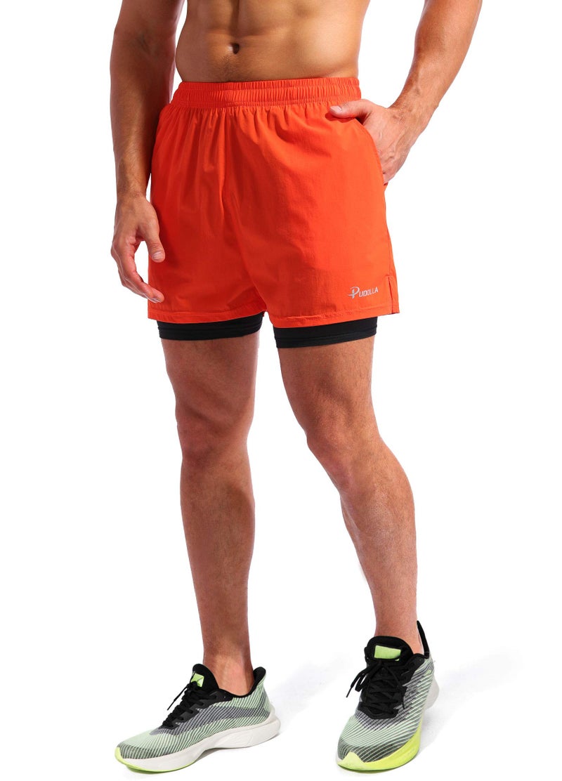 Pudolla Menâ€™s 2 in 1 Running Shorts 5" Quick Dry Gym Athletic Workout Shorts for Men with Phone Pockets(Orange Red Medium) - Image 3